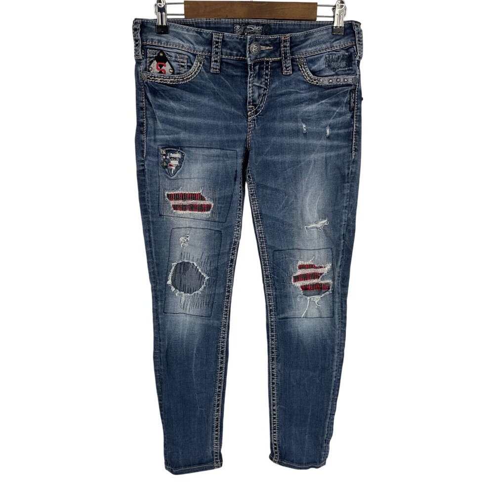 Silver Jeans Aiko Womens Distressed Skinny Jeans With Patches & Embroidery Sz 29